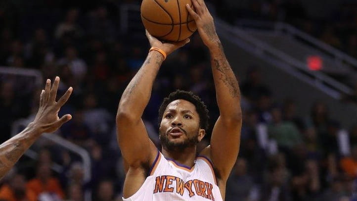 Derrick Rose #25 of the New York Knicks attempts a...
