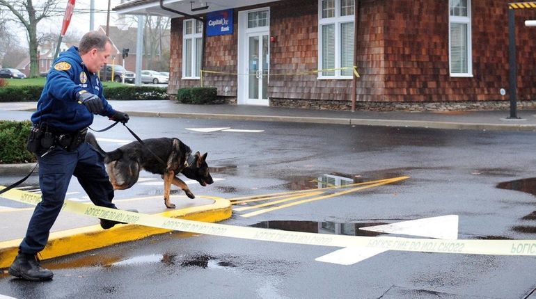 A Suffolk County police canine team goes over the parking...