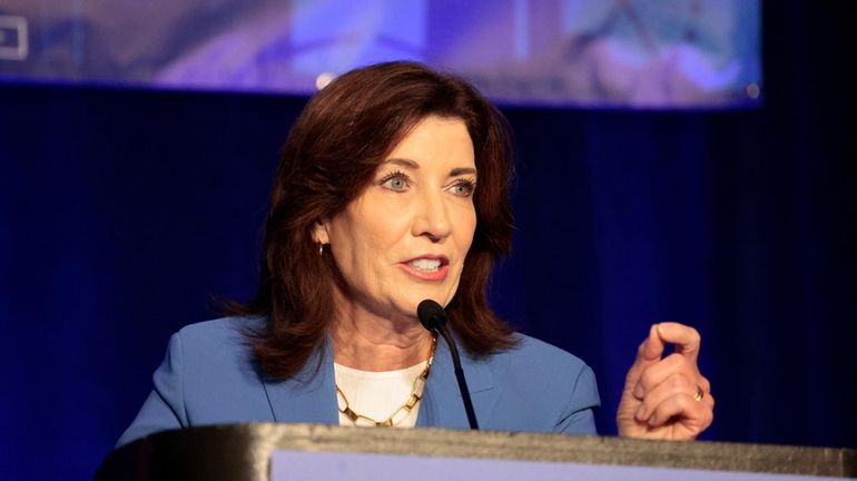 Gov. Kathy Hochul speaks at the New York Delegation breakfast...