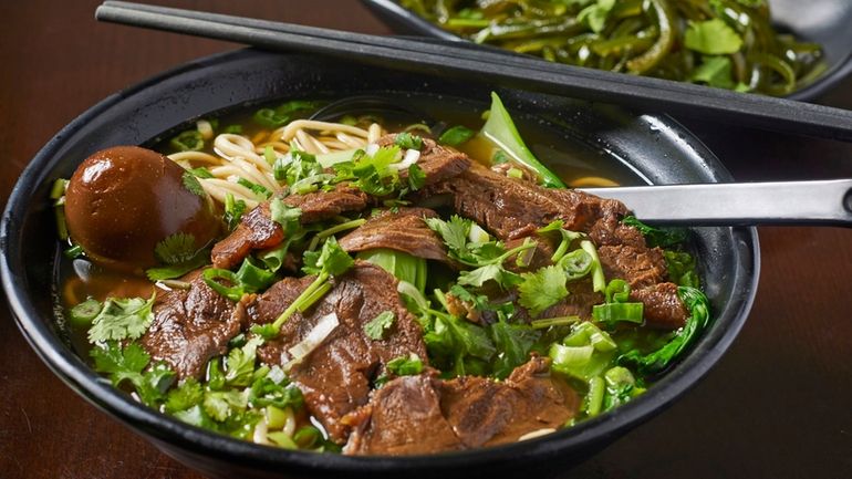 Hand-pulled noodles in soup with beef at Splendid Noodle in Stony Brook.