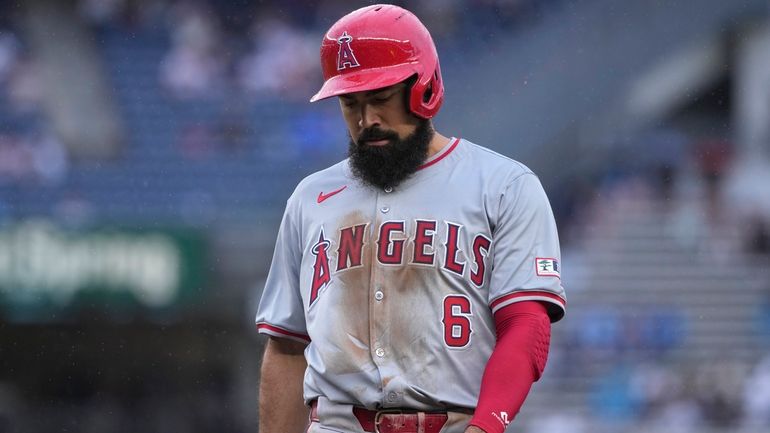 Los Angeles Angels' Anthony Rendon stands on first base during...