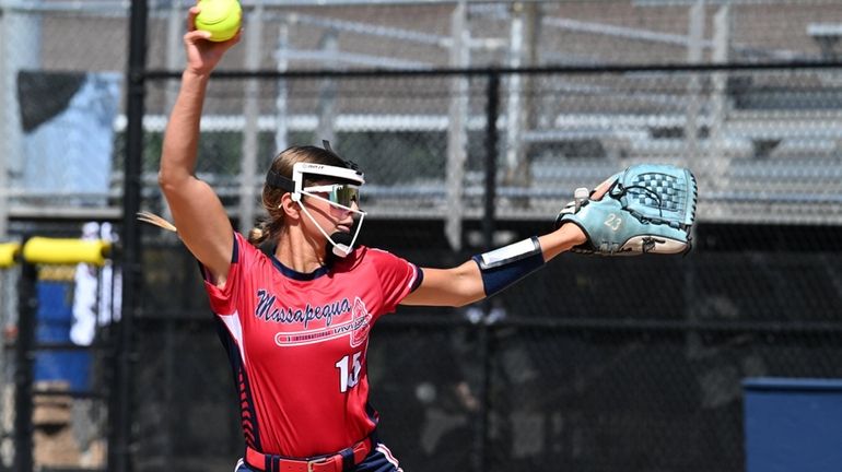 Olivia Feldman #15 (P.) on the mound for Massapequa Little...