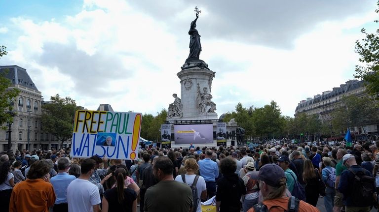 People gather to demand the release of activist Paul Watson...