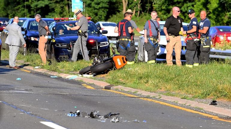 A motorcycle involved in a fatal crash on the westbound Southern...