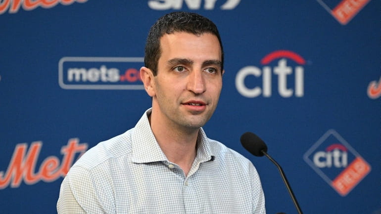 New York Mets president of operations David Stearns talks to...