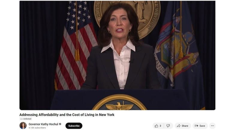 A screen shot of Gov. Kathy Hochul's YouTube video released...