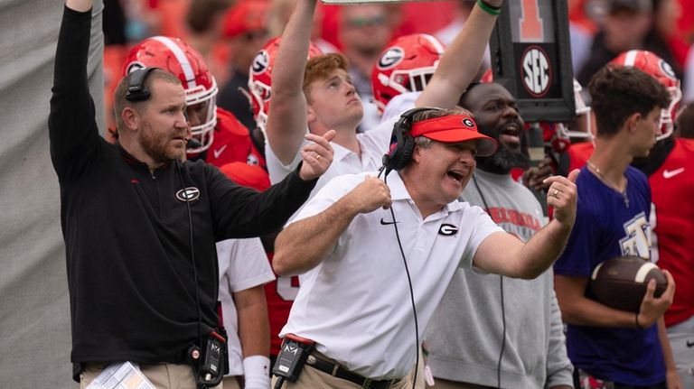 Georgia head coach Kirby Smart reacts on the sideline during...