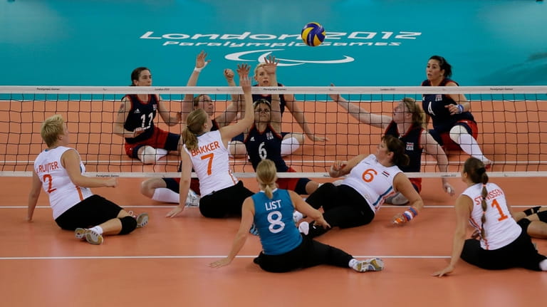 The Britain versus Netherlands sitting volleyball preliminary match at the...