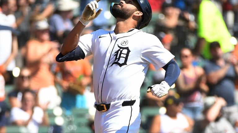 Detroit Tigers' Riley Greene reacts after hitting a two-run home...