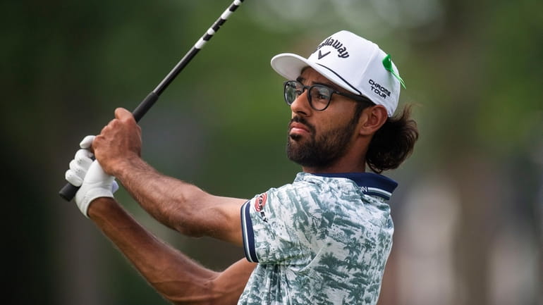 Akshay Bhatia competes in the third round of the PGA...
