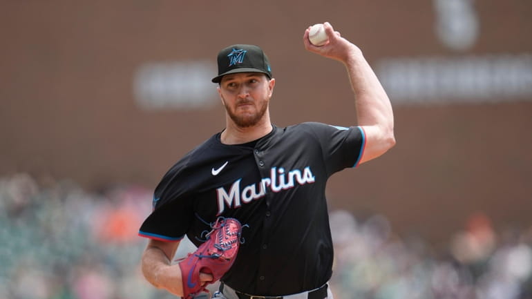 Miami Marlins pitcher Trevor Rogers throws against the Detroit Tigers...