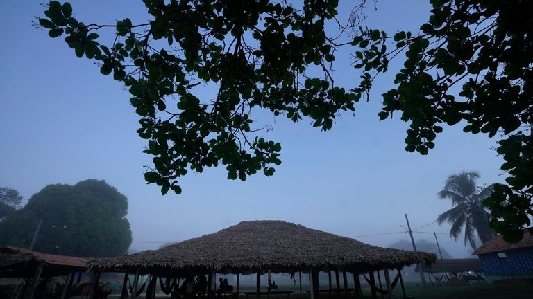 View of Ramada, a community center where rituals take place,...