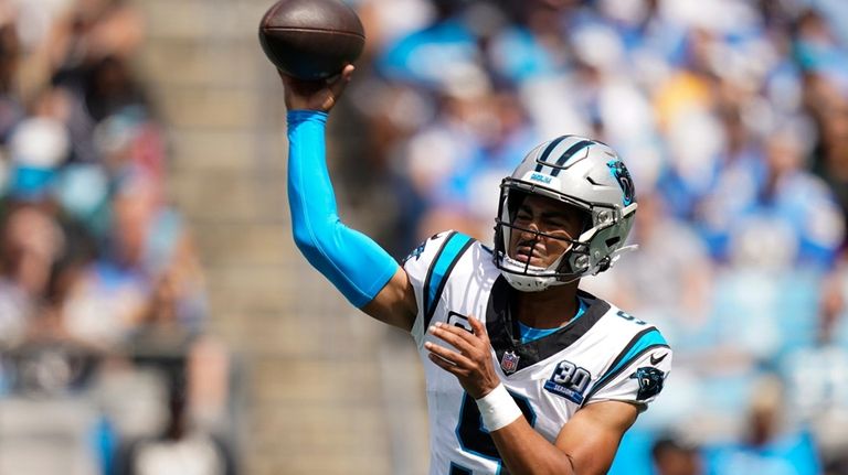 Carolina Panthers quarterback Bryce Young passes against the Los Angeles...