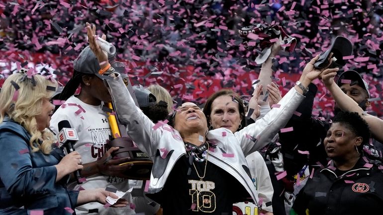 South Carolina head coach Dawn Staley celebrates after the Final...