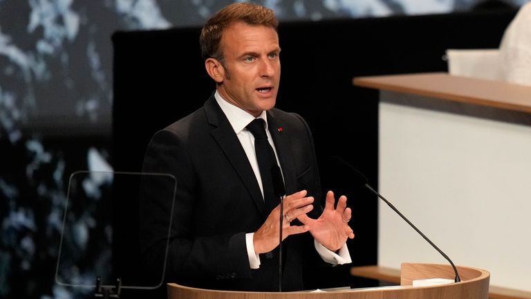 French President Emmanuel Macron delivers his speech during the presentation...