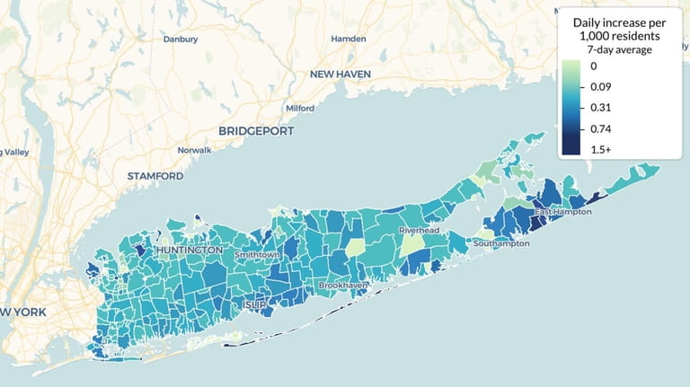 A map of Long Island showing concentration of new cases,...