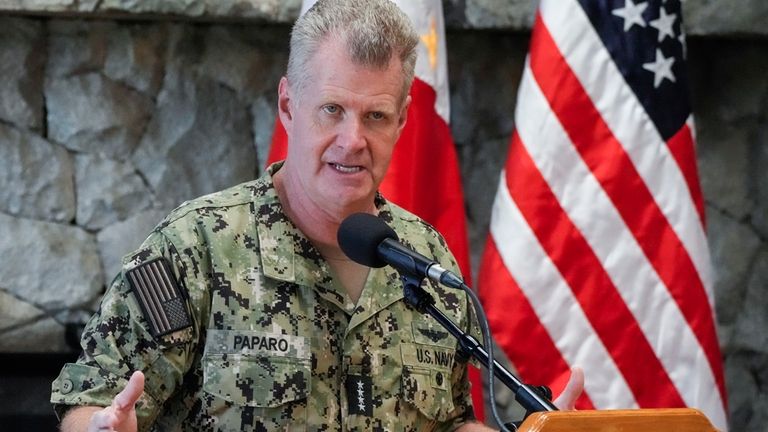 U.S. Indo-Pacific Command Commander, Admiral Samuel Paparo gestures during a...