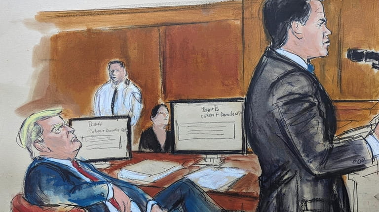 In this courtroom sketch, Tuesday, May 28, 2024, Donald Trump,...