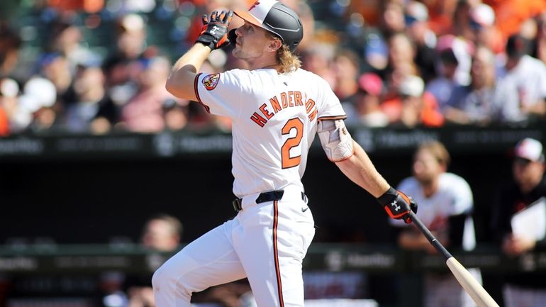 Baltimore Orioles' Gunnar Henderson hits a home run during the...