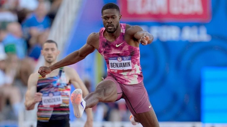 Rai Benjamin wins a heat men's 400-meter hurdles semi-finals during...