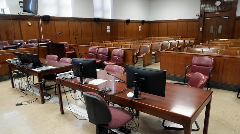 Judge Juan Merchan's Manhattan courtroom sits empty between proceedings, March...