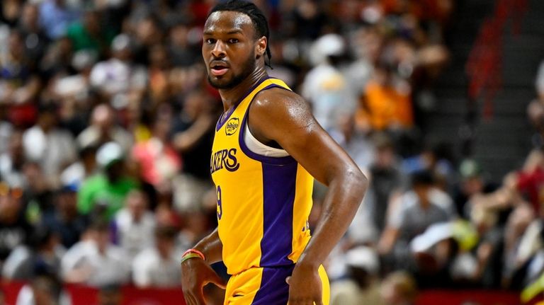 Los Angeles Laker guard Bronny James Jr. (9) looks on...