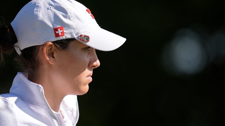 Albane Valenzuela, of Switzerland, looks down the 4th hole from...