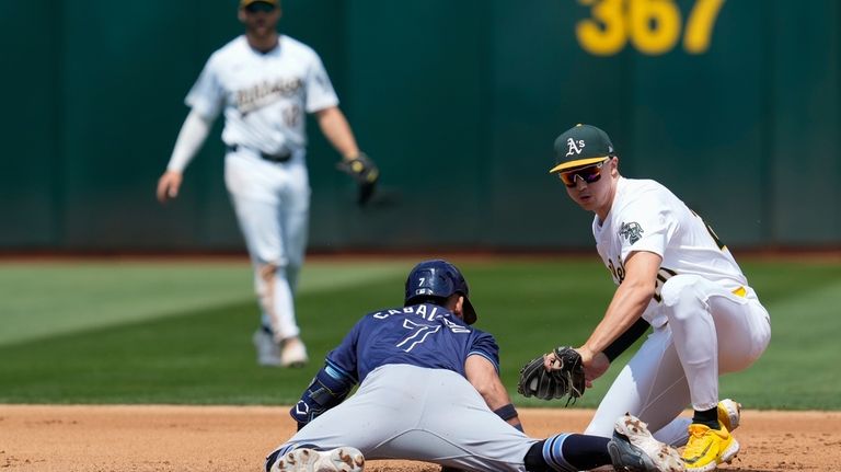 Tampa Bay Rays' José Caballero (7) reaches second next to...