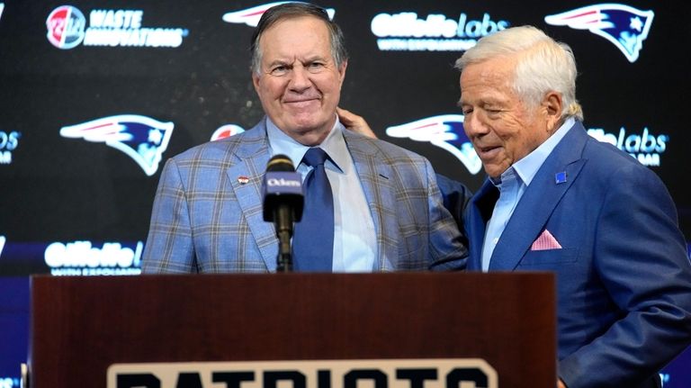 Former New England Patriots head coach Bill Belichick, left, and...