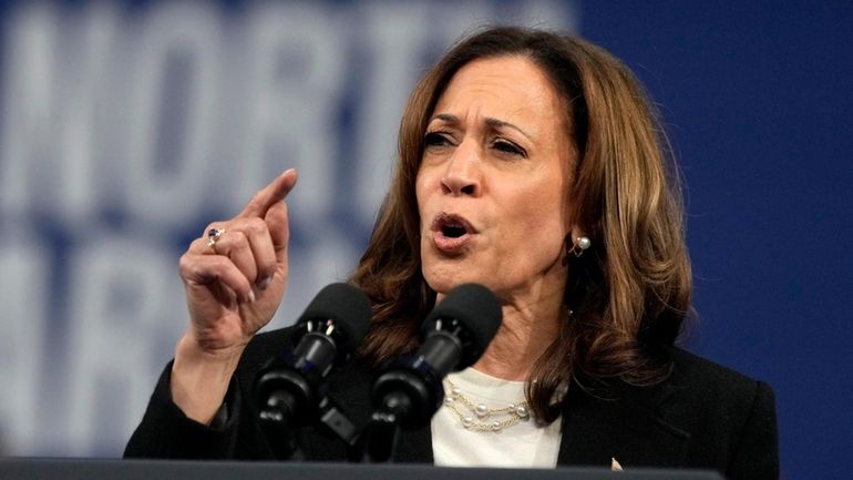 Democratic presidential nominee Vice President Kamala Harris speaks during a...