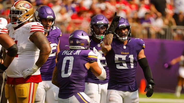 Minnesota Vikings linebacker Blake Cashman (51) celebrates after sacking San...