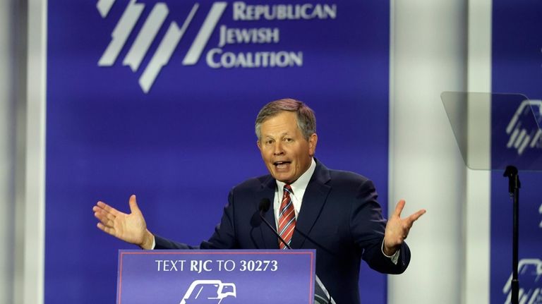 Sen. Steve Daines, R-Mont., speaks during the Republican Jewish Coalition...