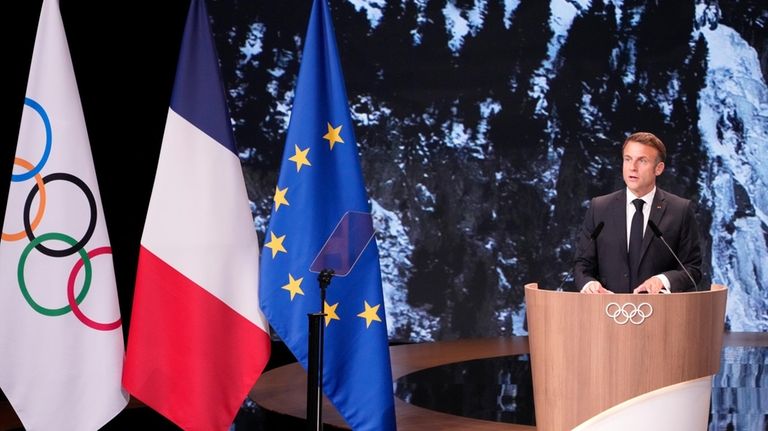 French President Emmanuel Macron delivers a speech during the presentation...