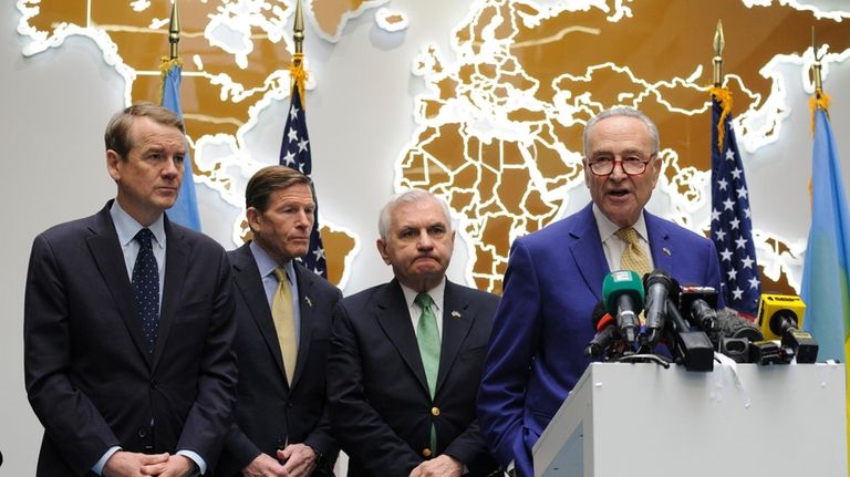 Left to right: Sen. Michael Bennet, D-Colo., Sen. Richard Blumenthal,...