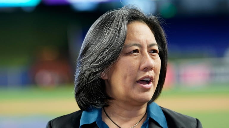 Miami Marlins general manager Kim Ng speaks with the news...