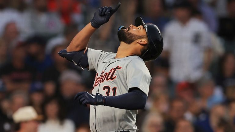 Detroit Tigers' Riley Greene hits a two-run home run during...