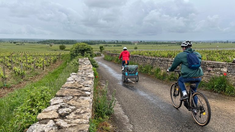 Cyclists ride on the Voie des Vignes a little south...