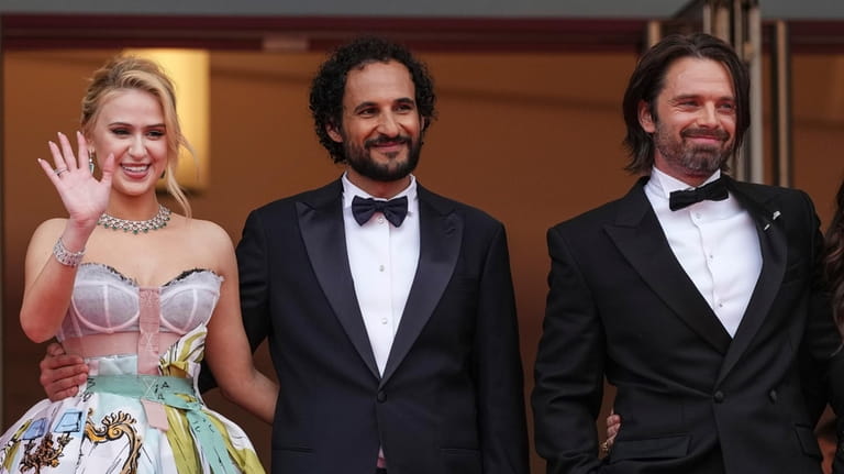 Maria Bakalova, from left, director Ali Abbasi, and Sebastian Stan...