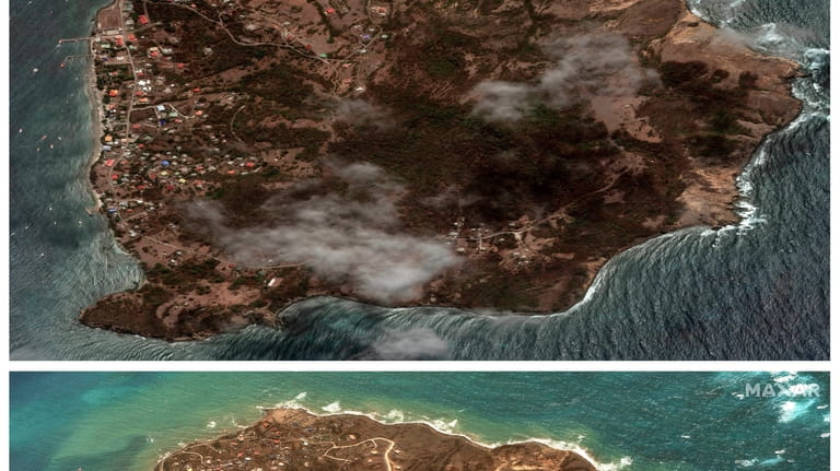 This combination of satellite images provided by MaxarTechnologies shows views...