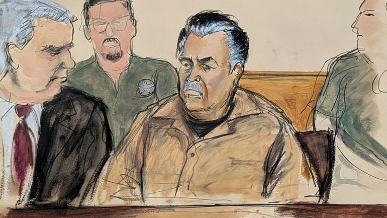 A courtroom sketch shows Ismael “El Mayo” Zambada, center, seated beside...