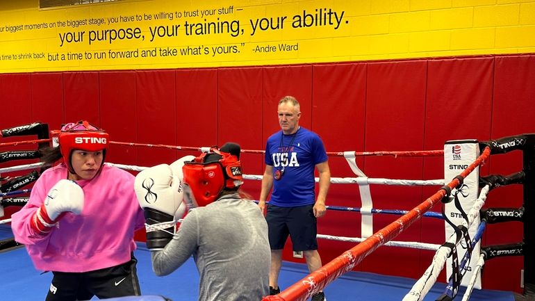 U.S. Olympic boxer Jajaira Gonzalez, left, spars with teammate Jennifer...