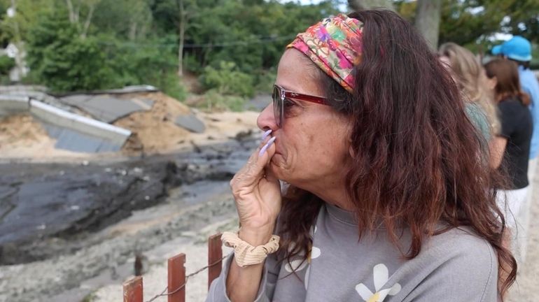 Stony Brook resident Harlene Lobenhofer looks at the near empty Mills Pond...