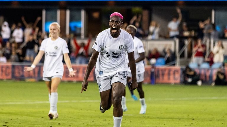 Bay FC forward Asisato Shoala (8) reacts after scoring the...