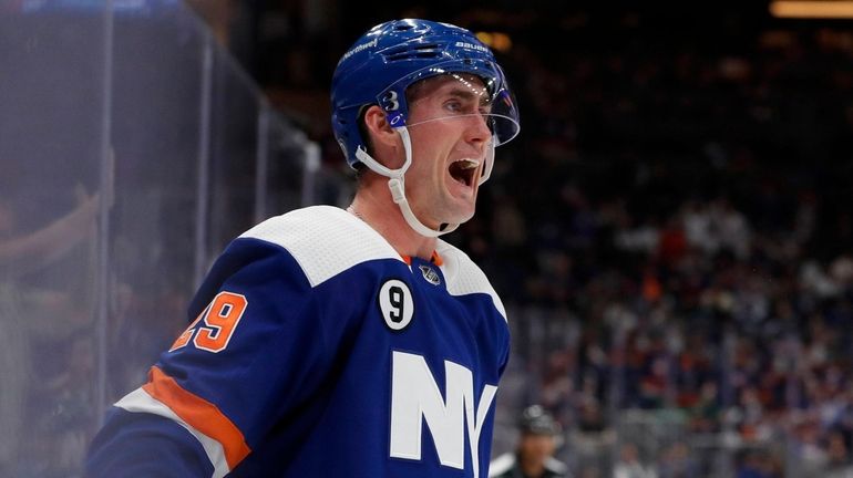 Brock Nelson of the New York Islanders celebrates his second...