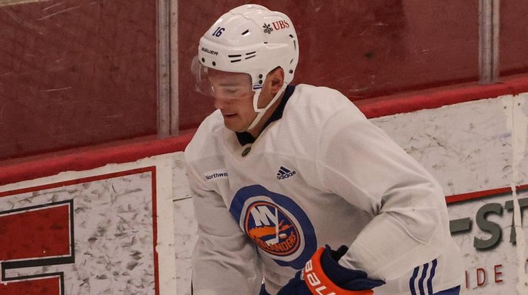 Julien Gauthier during Islanders training camp at the team's practice facility in...