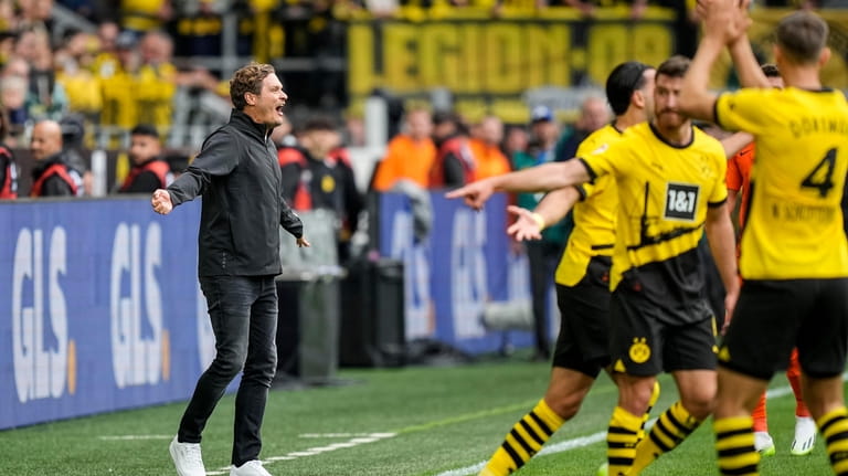 Dortmund's head coach Edin Terzic reacts to his team during...
