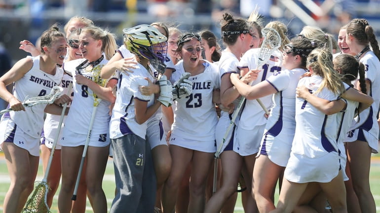 Sayville celebrates winning the Suffolk Class C final on Friday May...