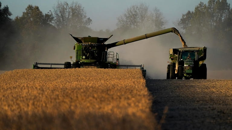 A combine is shown harvesting soybeans on Nov. 8, 2023,...