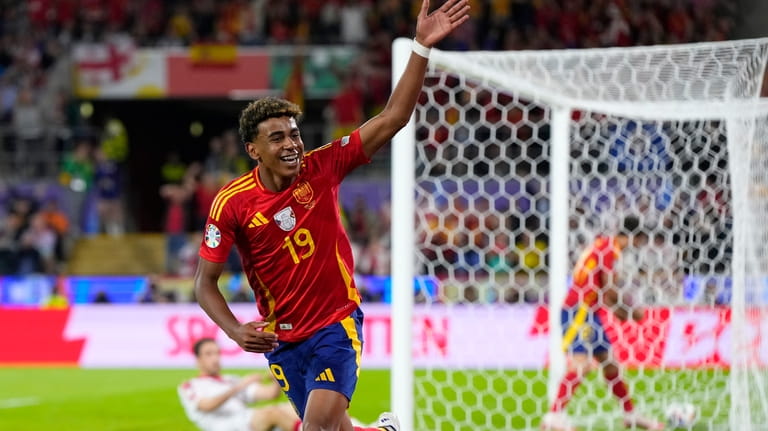 Spain's Lamine Yamal celebrates a goal that was disallowed for...