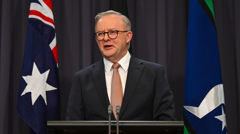 Australian Prime Minister Anthony Albanese addresses the media at Parliament...